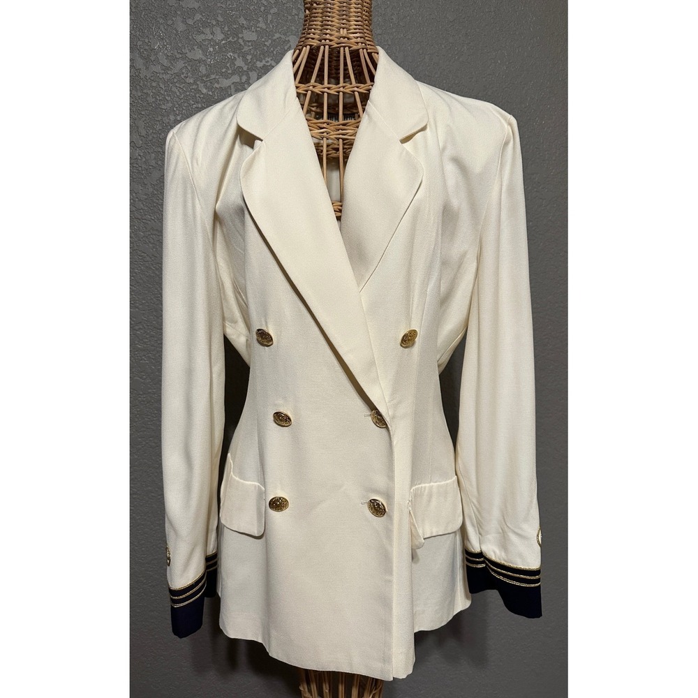 Lois Snyder Dani Max‎ Double Breasted Blazer 10 Gold Buttons Navy Trim Military
